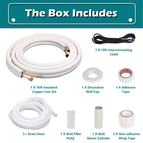 Mini Split Line Set Kit With Sixteen Foot Copper Line Pipes One Quarter Inch And One Half Inch Outer Diameter contents displayed