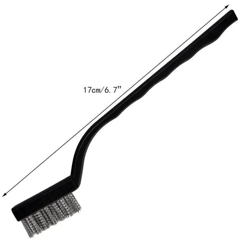 Close-up of a mini wire brush from the 15 Pcs Mini Stainless Steel Wire Brush Set for Cleaning Welding Slag Rust, showing curved handle and bristles