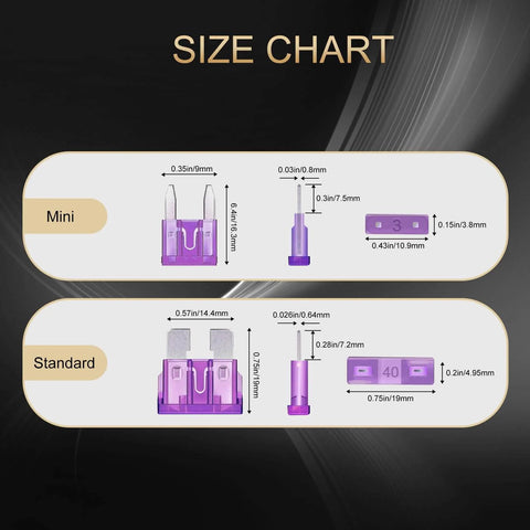 Car Fuses Assortment Kit With 1200 Pcs Of Fuses, size chart for mini and standard fuses, detailed dimensions shown