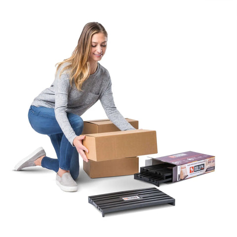 Hand Truck Helper And Mini Storage Pallet For Dollies Keeps Back Safe While Handling Heavy Loads Holds 800 Plus Lbs 18 Inch By 10 Inch By 1.5 Inch 1 Pack Waterproof Storage Pallet Protects Stored Items From Water Damage Insects And Debris in use with person stacking boxes on pallet