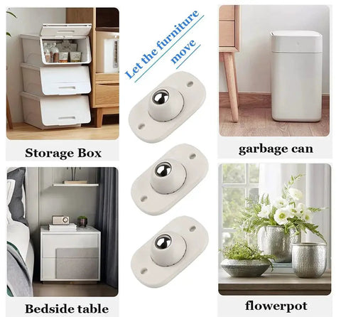 Self-Adhesive Mini Swivel Caster Wheels, 16-Piece Set, shown installed on storage box, bedside table, garbage can, and flowerpot