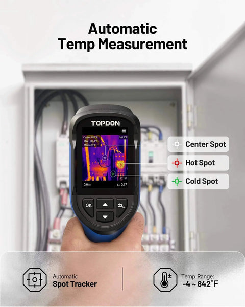Person using Mini Thermal Imaging Camera, 240 x 240 TISR Resolution, 15-Hour Battery Life, 128 x 128 IR Resolution, on electrical panel