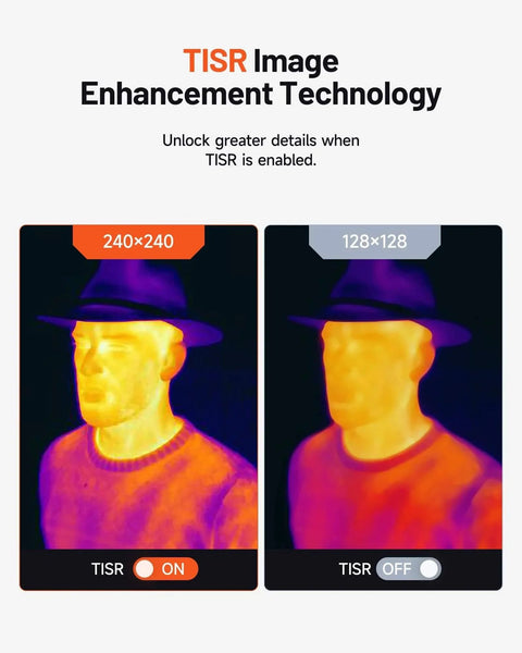 Thermal image comparison showing TISR on and off for Mini Thermal Imaging Camera, 240 x 240 TISR Resolution, 128 x 128 IR Resolution.