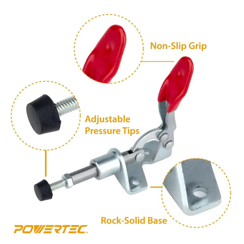 Pro Grade Mini Toggle Clamp Set For Woodworking Projects 4 Pack With 100 Lb Holding Capacity Quick Release Push Pull Clamps, features labeled