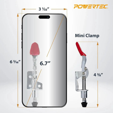 Six Pack Toggle Clamp Set With 100 Lb Holding Power, Push Pull Quick Release Clamps, shown next to smartphone for size comparison