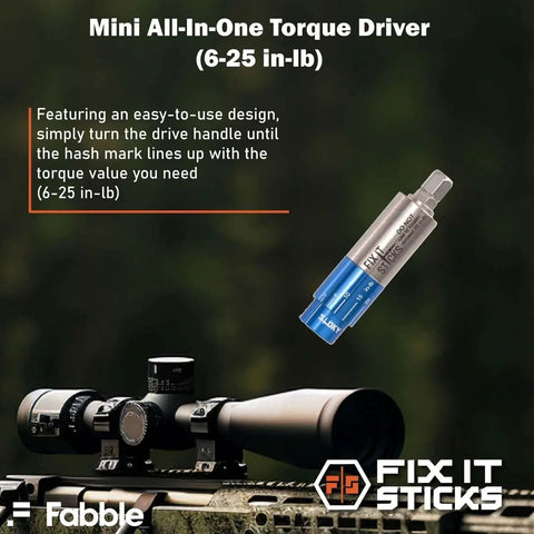 Close-up of 6-25 Inch Lbs Mini All-in-One Torque Driver with rifle scope in background, highlighting ease of use.