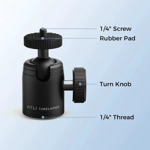 Universal Mini Tripod Ball Head With One Quarter Inch Screw in stainless steel and aluminum alloy, showing rubber pad and turn knob.