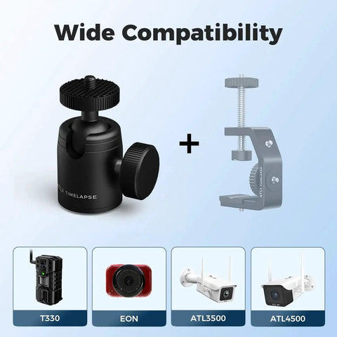 Universal Mini Tripod Ball Head with 1/4 inch screw, stainless steel and aluminum alloy, showing compatibility with ATL3500, ATL4500, ATL330.