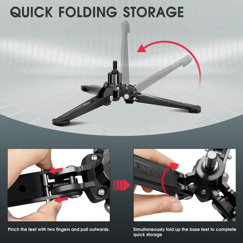 Mini Tripod Base for Monopods with Three Eighths Inch Screw Desktop Stand showing quick folding storage feature.
