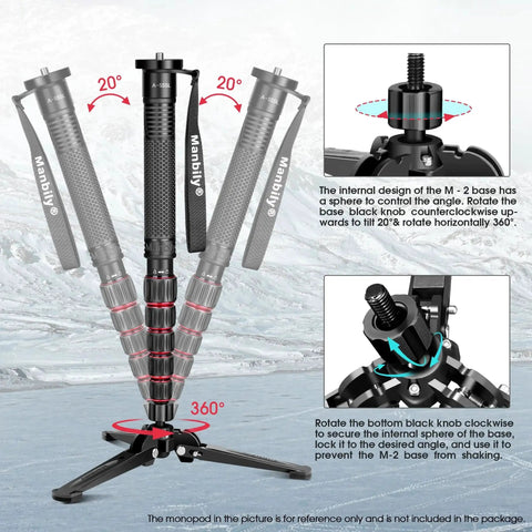 Mini Tripod Base for Monopods with Three Eighths Inch Screw Desktop Stand showing 20-degree tilt and 360-degree rotation features