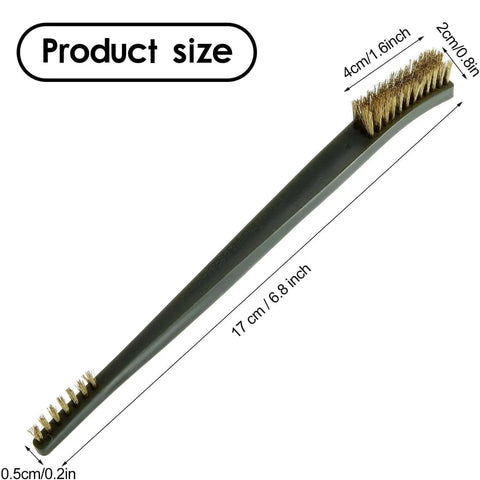 Close-up of a brass brush from the 9 Pieces Mini Wire Brush Set Rust Paint Metal Cleaner Steel, Nylon, Brass Brush Set with size dimensions.