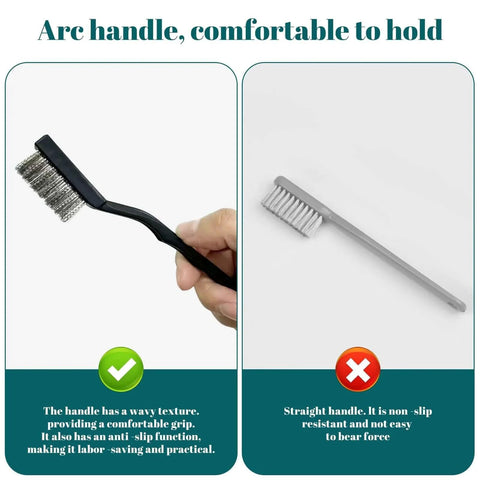 Comparison of a mini stainless steel wire brush with a curved handle and a straight-handled brush, showcasing ergonomic grip benefits.