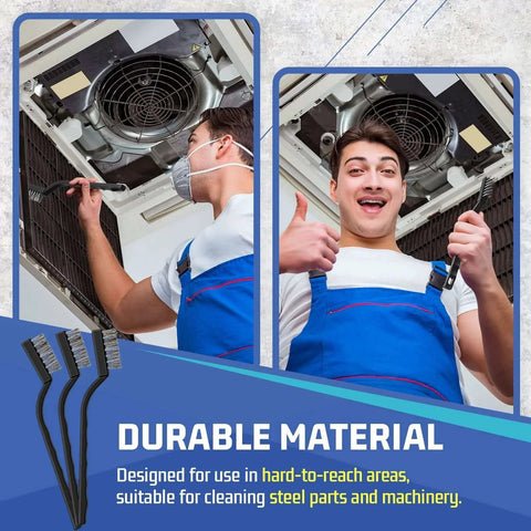 Man using 60 Pcs Mini Wire Brush Set Stainless Steel Wire Bristle Scratch Brush on machinery, showcasing durability and utility.