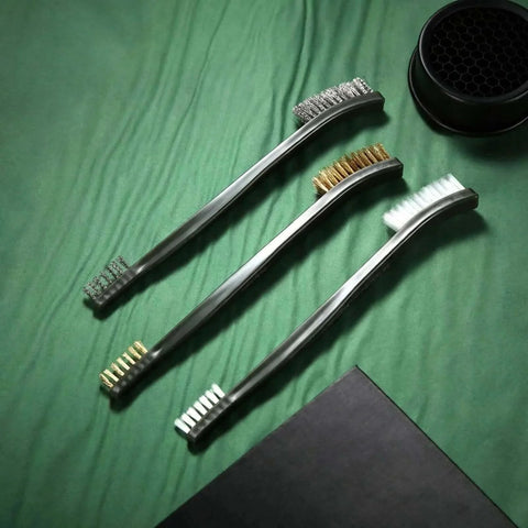 9 Pieces Mini Wire Brush Set Rust Paint Metal Cleaner Steel, Nylon, Brass Brush Set for Detail Cleaning shown on green fabric