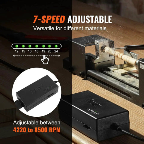 Compact Mini Wood Lathe Machine With Seven Speeds 4220 5300 5650 6350 6660 7050 8450 RPM in operation on a wooden table