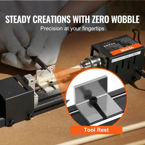 Compact Mini Wood Lathe Machine With Seven Speeds 4220 5300 5650 6350 6660 7050 8450 RPM 24V DC 96W in action, close-up