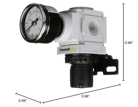 Compact Miniature Air Pressure Regulator With Gauge And Bracket One Quarter Inch NPT For Regulating 3 To 30 PSI Inlet 250 PSI 49 SCFM Flow Includes Gauge And Bracket PneumaticPlus PPR2 N02BG 2 Manufactured In Korea One Year Limited Warranty