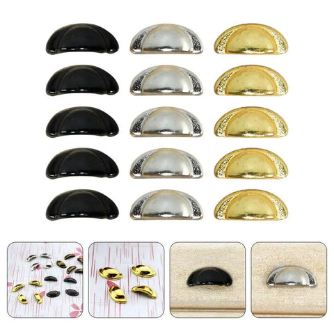 Assorted miniature alloy knobs for dollhouse cabinets and drawers, one twelfth scale, in black, silver, gold. Realistic hardware with smooth edges.