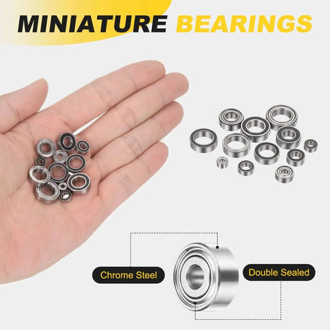 Hand holding set of 4 SMR72ZZ deep groove ball bearings 2x7x3mm 440C stainless steel, double shielded, ideal for robotics and micro machinery.