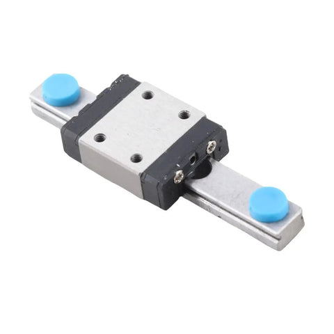 Miniature linear rail with 7mm wide slide block featuring ball retainer and built-in lubrication, shown from above, 55mm travel.