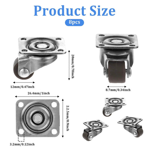 8Pcs 1/2 Inch Small Caster Wheels 360 Degree Swivel Casters with Ball Bearing Base showing dimensions and design