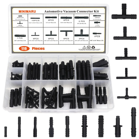 MINIMARU 119-piece black nylon vacuum hose connector kit for automotive in plastic organizer (14 sizes)