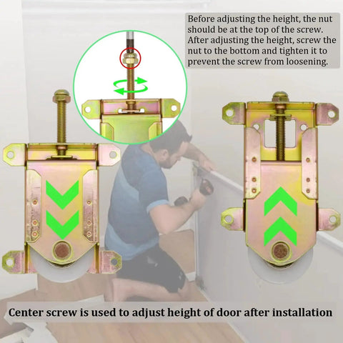 Sliding Closet Door Rollers Replacement Hardware For Mirror And Wardrobe Doors Pack Of 2 shown with gold steel housing and installation illustration.
