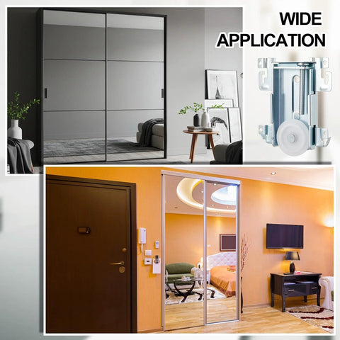 Four Pack Sliding Mirror Closet Door Rollers Steel-Framed Bottom Mount Replacement For Mirror Wardrobe 1-7/16 Inch Wheel Diameter 1/4 Inch Thick With Narrow 1/8 Inch Edge Durable Bottom Roller Assembly shown next to installed mirror doors in a home setting.