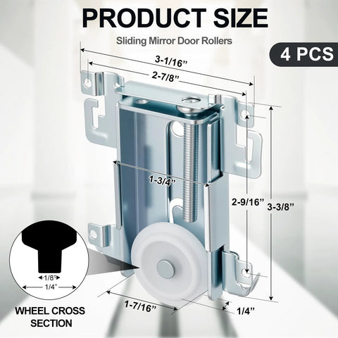 Four Pack Sliding Mirror Closet Door Rollers Steel-Framed Bottom Mount Replacement For Mirror Wardrobe 1-7/16 Inch Wheel Diameter
