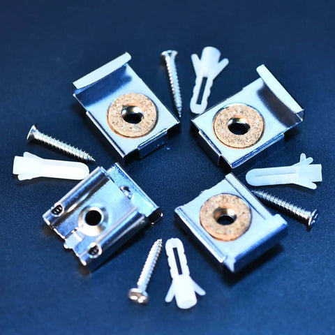 Mirror Hanger Clips Set For Unframed Mirrors Eight Pieces Spring Loaded Metal Clips With Screws And Plugs displayed on a surface.