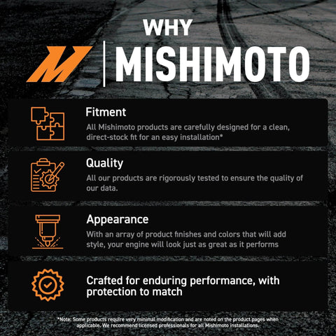 Why Mishimoto infographic highlighting fitment, quality, and appearance of products with an emphasis on performance and protection.