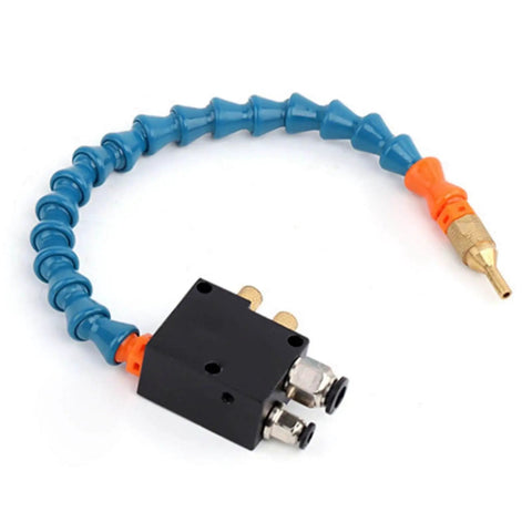 Mist Coolant Lubrication Spray System for CNC Lathe and Milling Machines shown with blue and orange adjustable sprayer and ABS housing.
