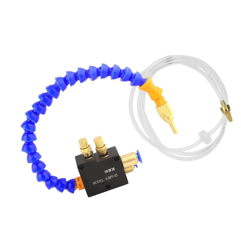 Mist Coolant Lubrication Spray System For Metal Cutting And Engraving All In One Cooling Lubrication And Chip Blow Sprayer Pro Grade Efficiency SBPV03 for milling machines with blue flexible hose and brass fittings.