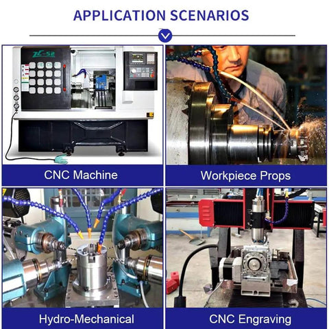 Mist Coolant Lubrication Spray System for CNC Machines and Metal Cutting shown in various application scenarios including CNC machining and engraving.