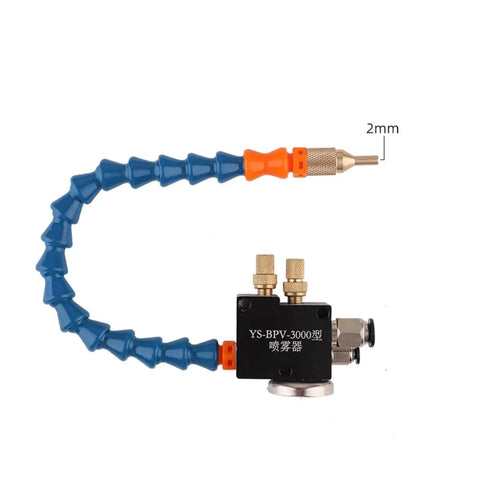 Solenoid powered No Leak Mist Coolant Lubrication Spray System for lathe drilling machines, blue flexible hose with adjustable nozzle.