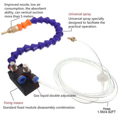 Mist Coolant Lubrication Spray System For Metal Cutting Engraving And Machining On CNC Lathe Milling And Drill Machines With Air Pipe Sealed Design To Prevent Leaks And Boost Safety Easy Cleanup Of Water And Chips By OriGlam with adjustable nozzle and 1.5m hose