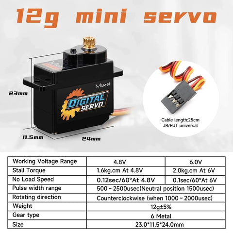 for AXIAL SCX24 Servo, Miuzei 12g Servo Motor Metal Gear Digital RC Steering with size and specifications chart