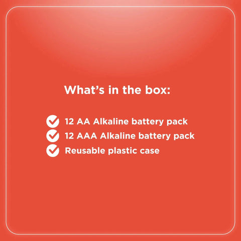Mixed Alkaline Battery Pack 12 AA 12 AAA With Reusable Plastic Case contents list on red background