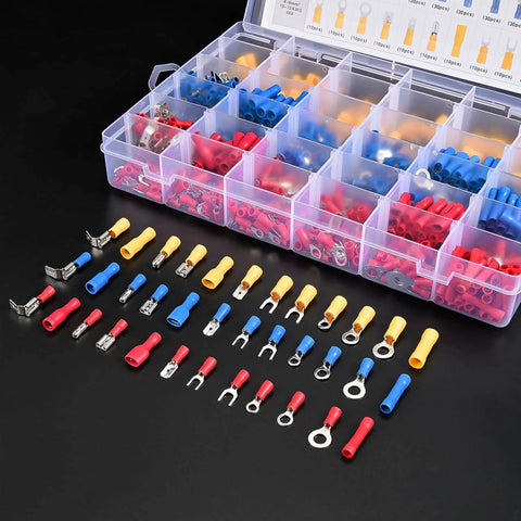 Mixed Quick Disconnect Connectors And Terminal Crimp Kit For Automotive Wiring Projects Includes Ring Splice Spade Bullet Fork Butt Piggy Back Insulated Terminals 840 Piece Assortment displayed in an open plastic case.
