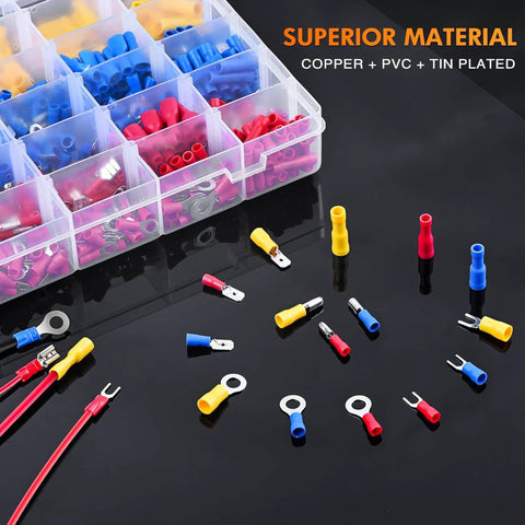Mixed Quick Disconnect Connectors And Terminal Crimp Kit For Automotive Wiring Projects Includes Ring Splice Spade Bullet Fork Butt Piggy Back Insulated Terminals 840 Piece Assortment displayed in compartmentalized box.