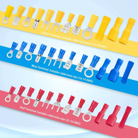 Mixed Quick Disconnect Connectors And Terminal Crimp Kit For Automotive Wiring Projects Includes Ring Splice Spade Bullet Fork Butt Piggy Back Insulated Terminals 840 Piece Assortment shown by wire gauge colors.