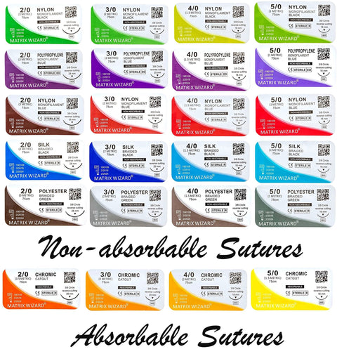 Mixed Suture Thread With Needle Set For Med Practice And First Aid Demos, Absorbable Chromic Catgut And Non Absorbable Nylon Silk Polyester Polypropylene, 24 Thread Variety Pack In Sizes 2-0 To 5-0 For Wound Closure Training