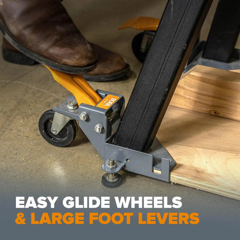 Mobile Base Kit PM-1100 For Heavy Equipment And Tools Adjustable Rolling Dolly Frame with caster wheels and foot lever in use.