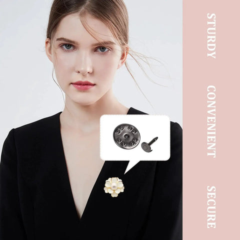 Woman wearing DIY brooch with Silver Butterfly Clutch Tie Tacks Pins For Craft Making 120 Pairs Metal Locking Replacement Backing