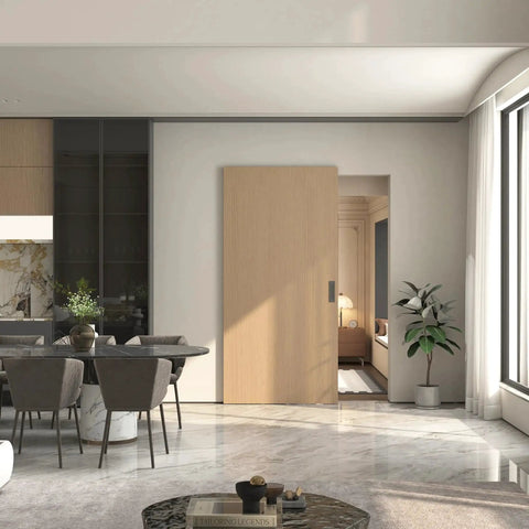 Concealed Barn Door Hardware Kit with Soft Close Mechanism and Invisible Wall Mount Aluminum Track installed in modern living room.