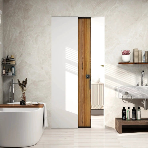 Indicator Pocket Door Lock Set For 1 3 Eighths To 2 3 Sixteenths Inch Doors With Flush Privacy Latch No Keys Required installed in bathroom.