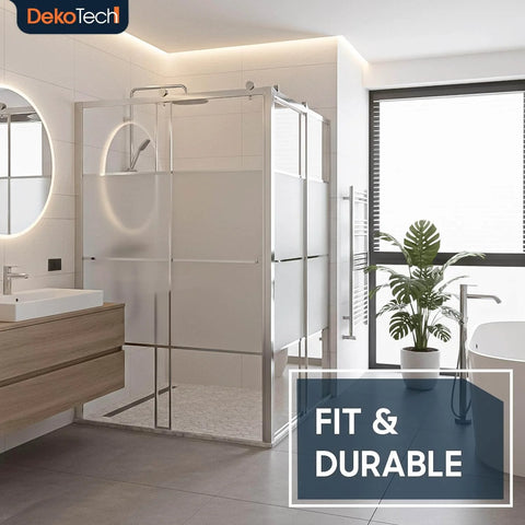 Modern bathroom with shower enclosure, glass design, and branding logo displaying 'Fit & Durable' message.