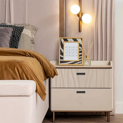 Modern bedroom with nightstand featuring Bulk 50 Pack 2 Inch Black Matte T Bar Cabinet Knobs with 1 Inch Screws Included