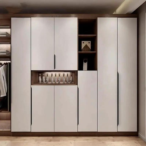 Modern wardrobe with 5 Pack Concealed Finger Pulls For Cabinets And Drawers, featuring sleek white doors and integrated handles.