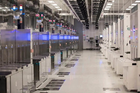 Interior of a modern cleanroom with bright overhead lighting, showcasing advanced equipment and workspaces used for electronic production.